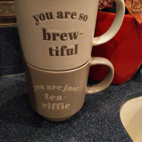 Set of 2 Stackable Coffee Tea Mug Set Brew-tiful Tea-riffic Microwave d/w safe - Picture 5 of 9